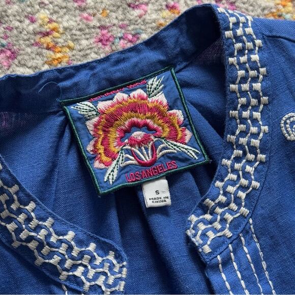 Johnny Was Sovanna Blue Embroidered Linen Bishop Sleeves Tunic Dress Size Small - Picture 9 of 11